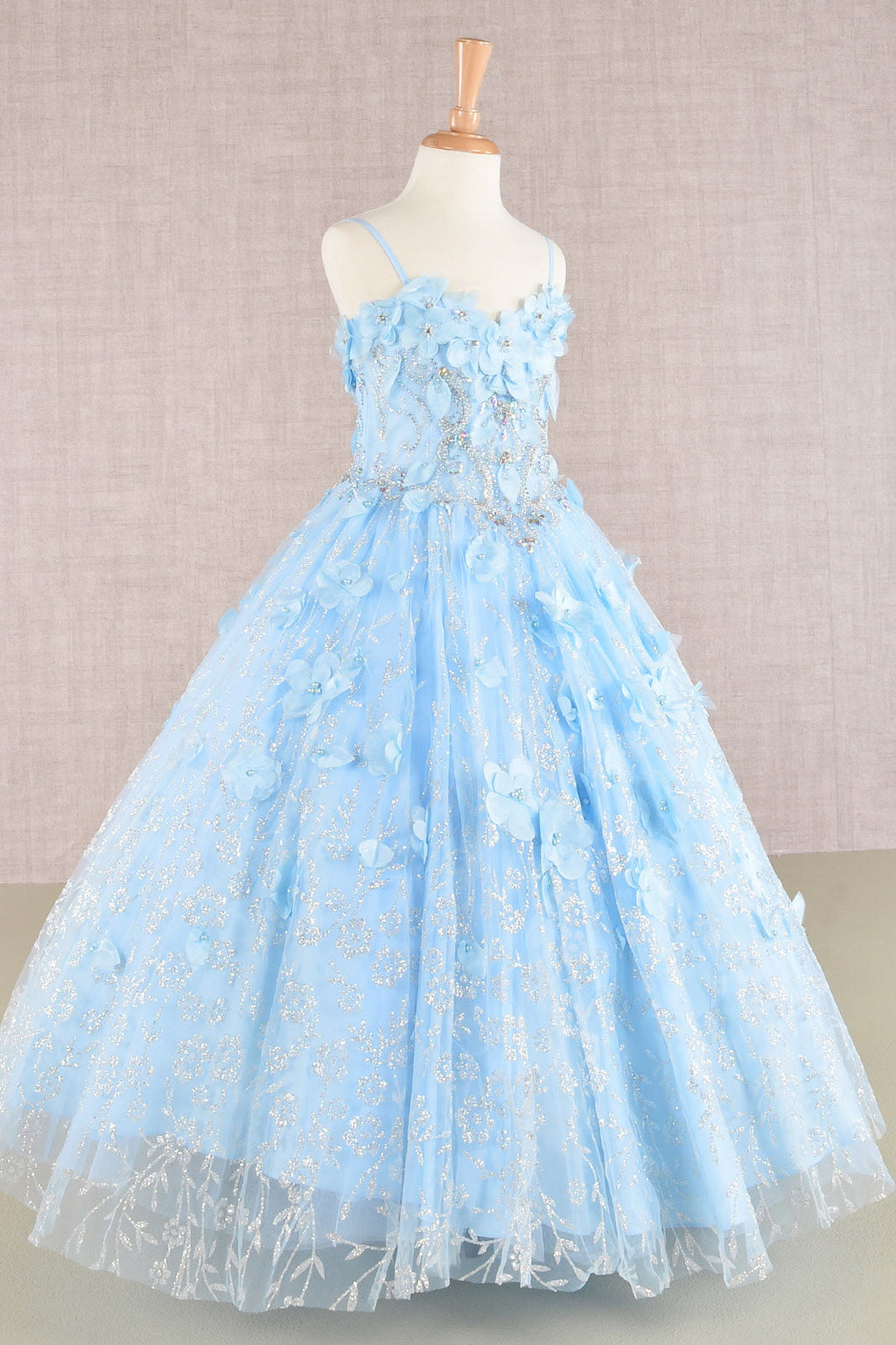 3D Flower Applique Jewel Mesh Kids Dress with Long Mesh Cloak