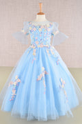 3D Floral Applique Mesh Kids Dress with Long Back Hem