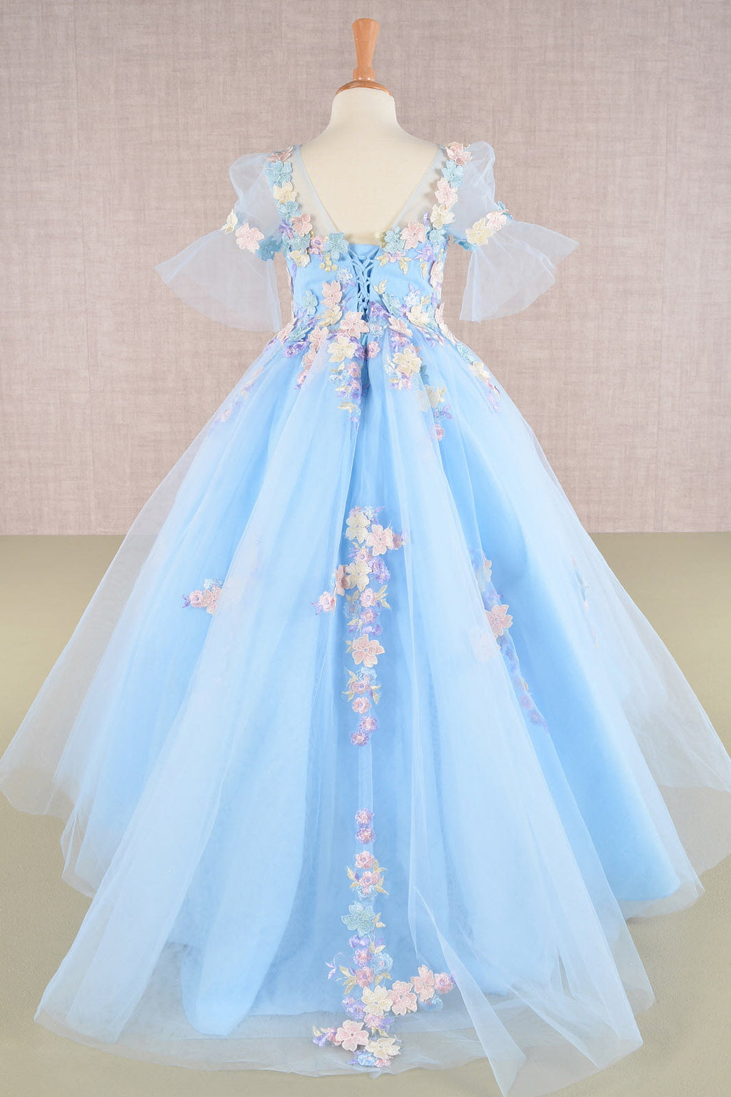 3D Floral Applique Mesh Kids Dress with Long Back Hem