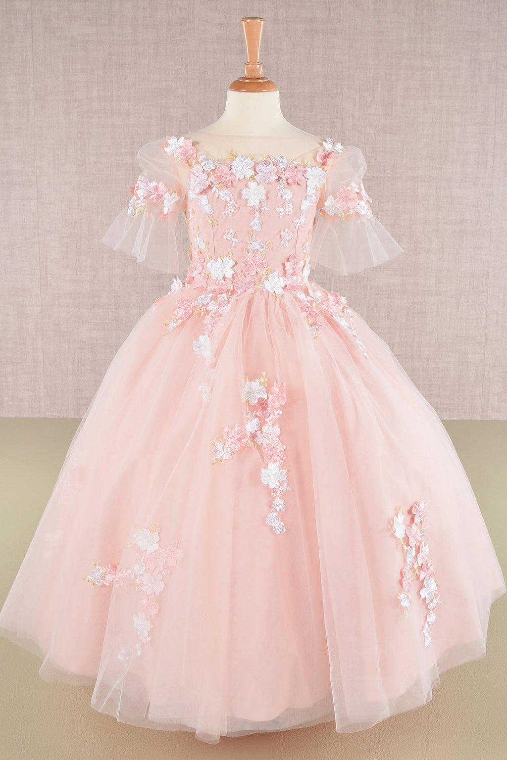 3D Floral Applique Mesh Kids Dress with Long Back Hem