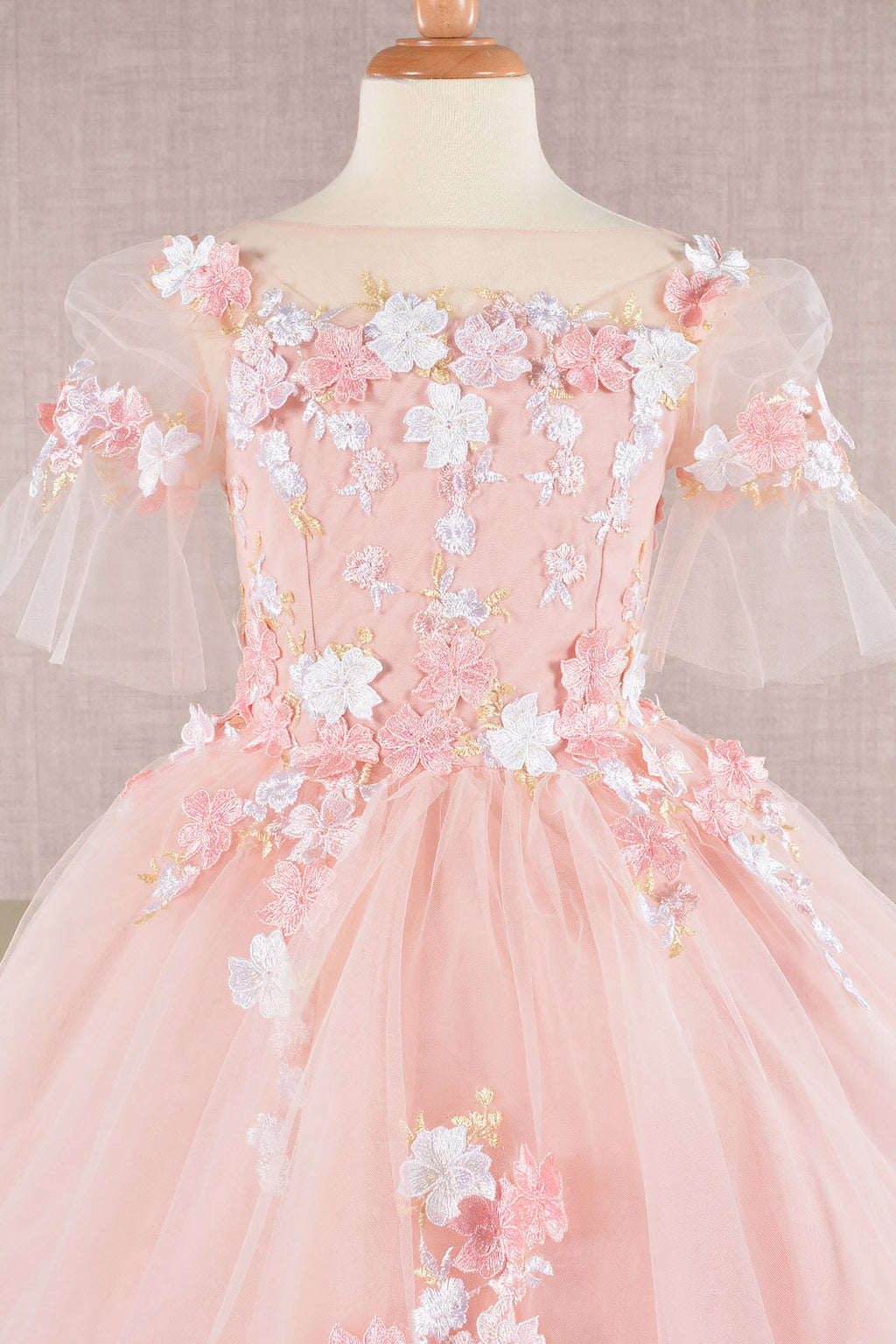 3D Floral Applique Mesh Kids Dress with Long Back Hem