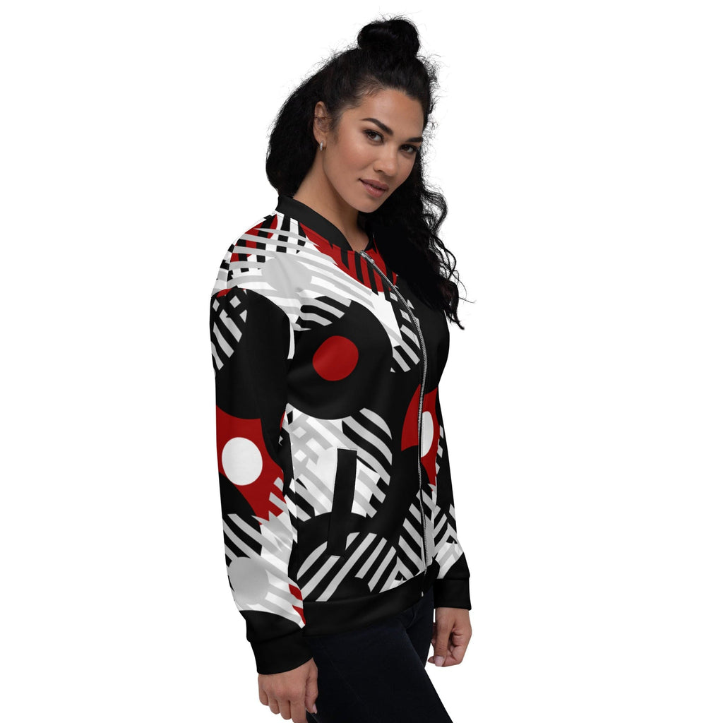 Womens Bomber Jacket - Black Red and Grey Geometric Style
