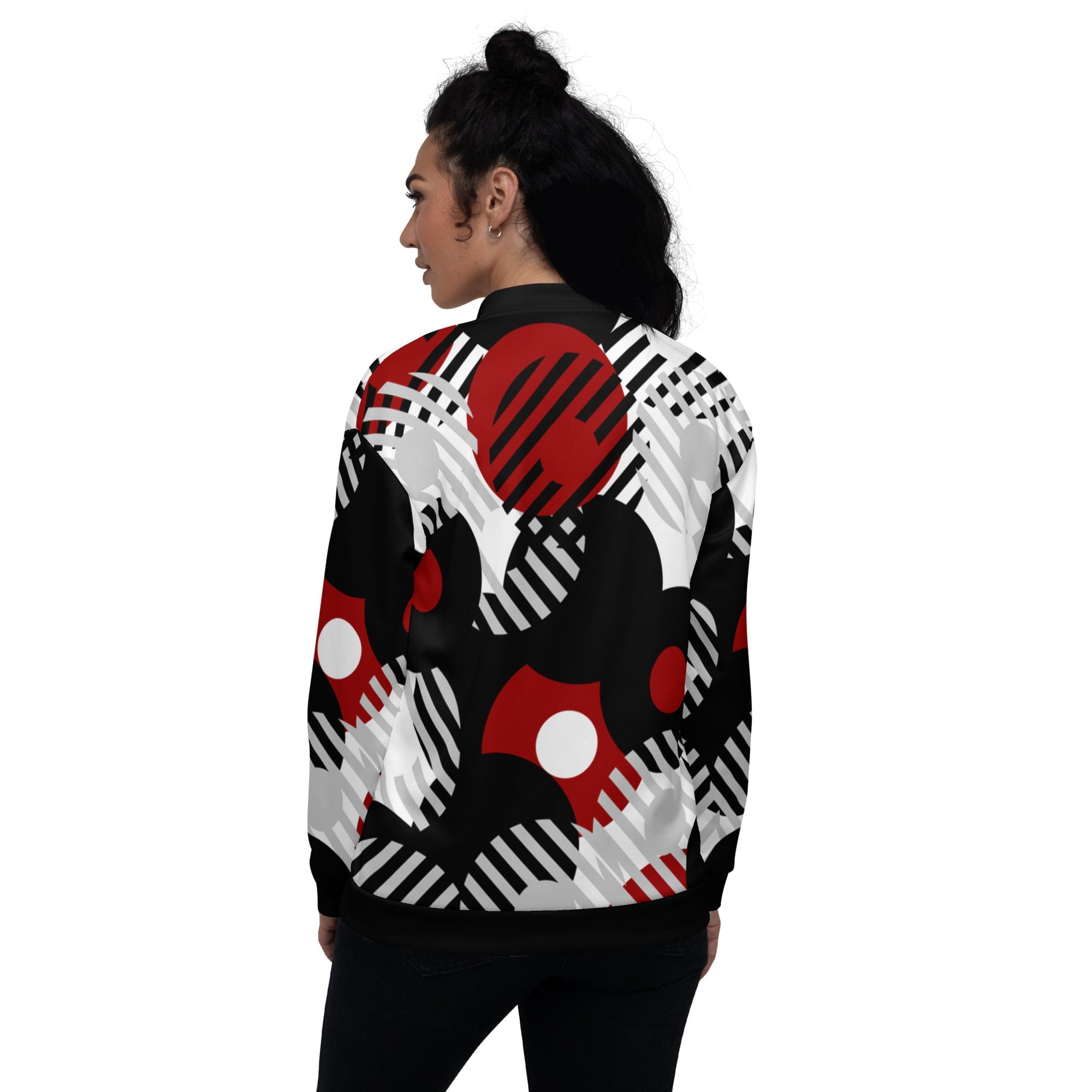 Womens Bomber Jacket - Black Red and Grey Geometric Style