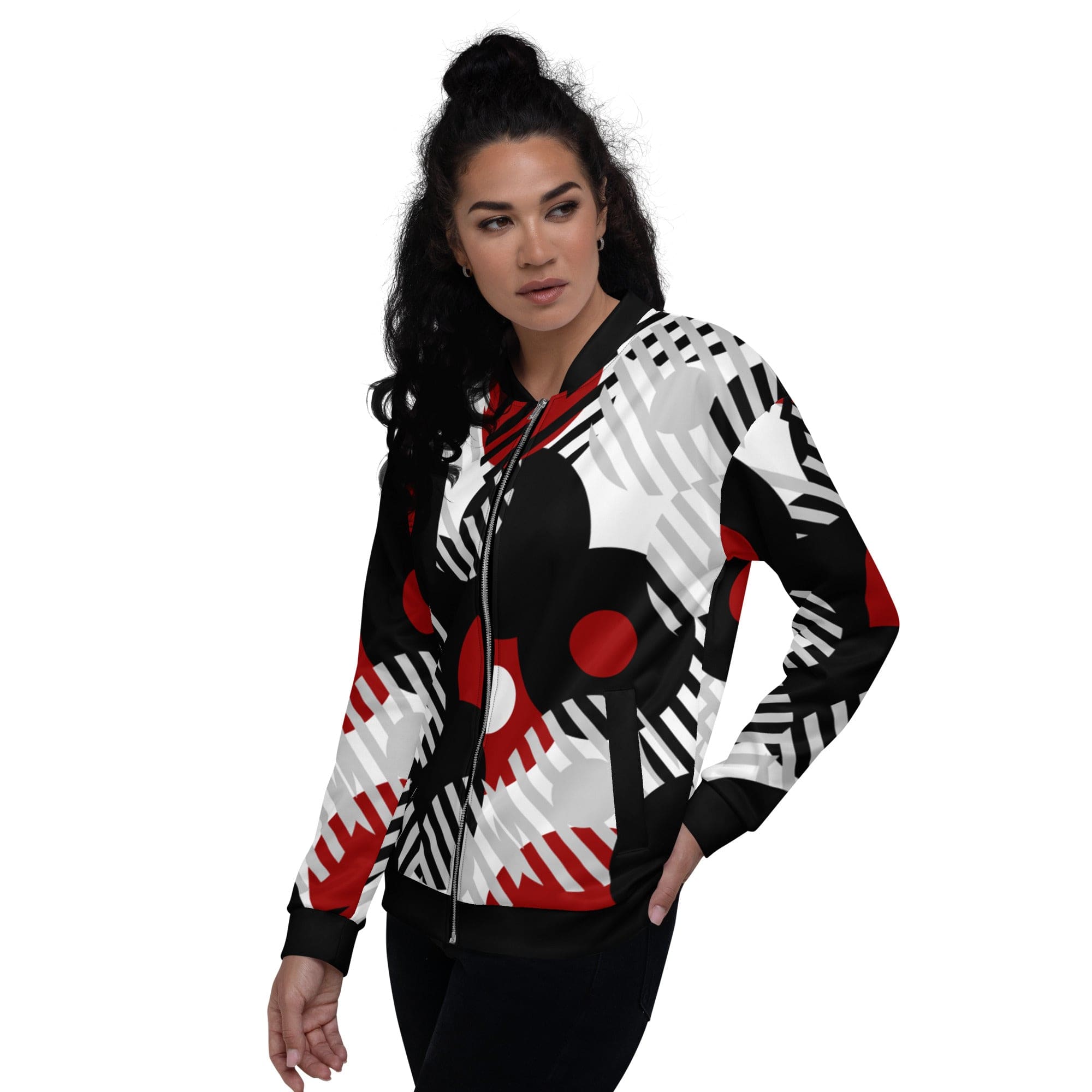 Womens Bomber Jacket - Black Red and Grey Geometric Style